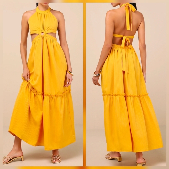Lulus Dresses & Skirts - Lulus Island Vacay Marigold Yellow Cutout Tie-Back Halter Maxi Dress, Size XS